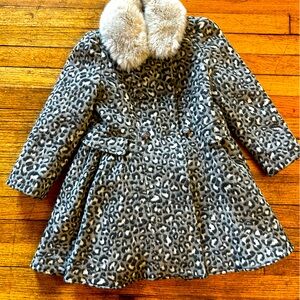 Like New Monsoon 7-8 years Coat. Fur Collar Grey Animal Print
